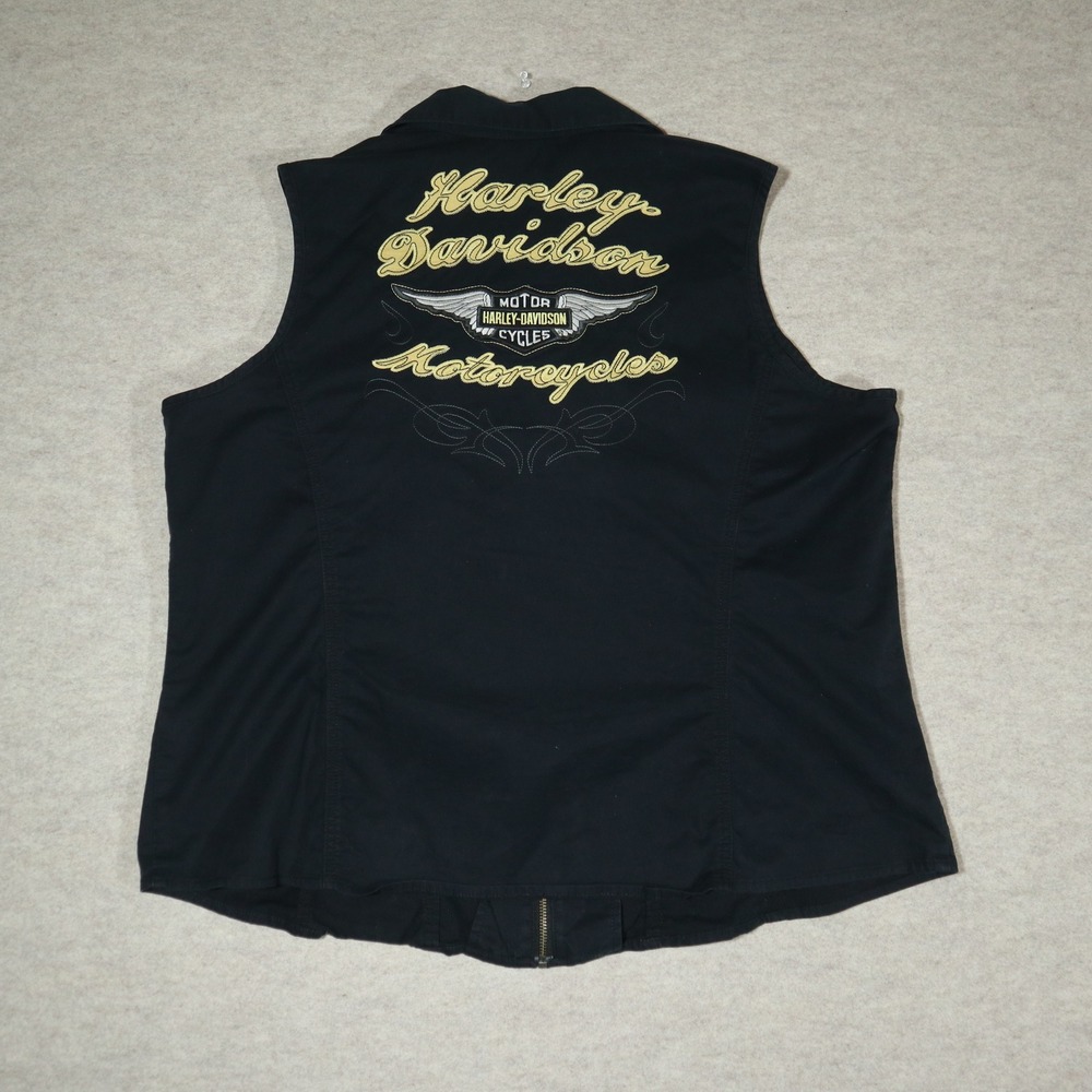 Harley Davidson Vest Womens 2W Black Zip Up Embroidered Logo Biker Cotton Y2K